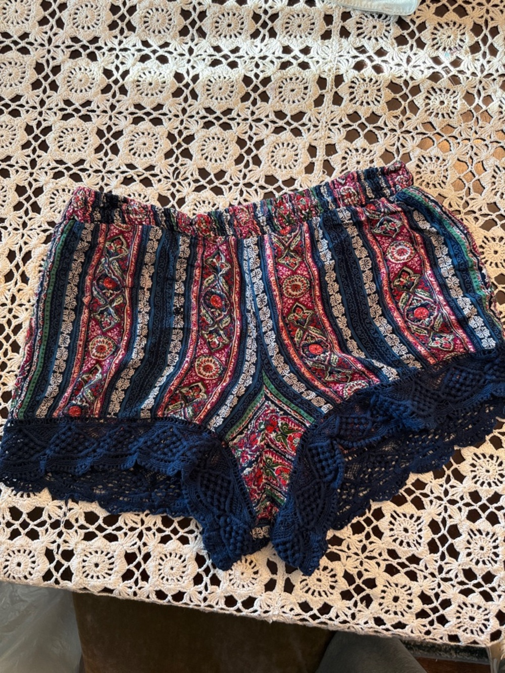 Angie Multicolor Paisley Stripe Shorts with Navy Crochet Hem